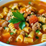 A bowl of hearty Pasta and Bean Soup topped with fresh herbs.