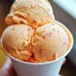 Delicious bowl of homemade peach ice cream topped with fresh peach slices