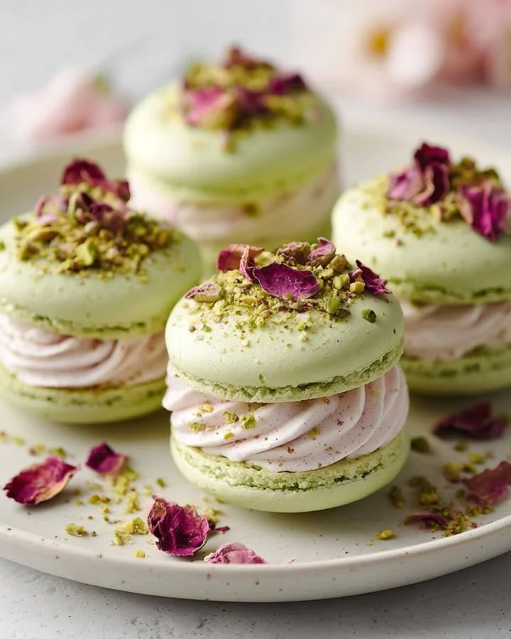 Persian pistachio rose cloud sandwiches with delicate layers and vibrant colors.