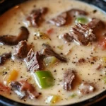 A bowl of creamy Philly cheese steak soup topped with cheese and green onions.