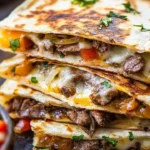 Philly Cheesesteak Quesadilla topped with cheese and peppers