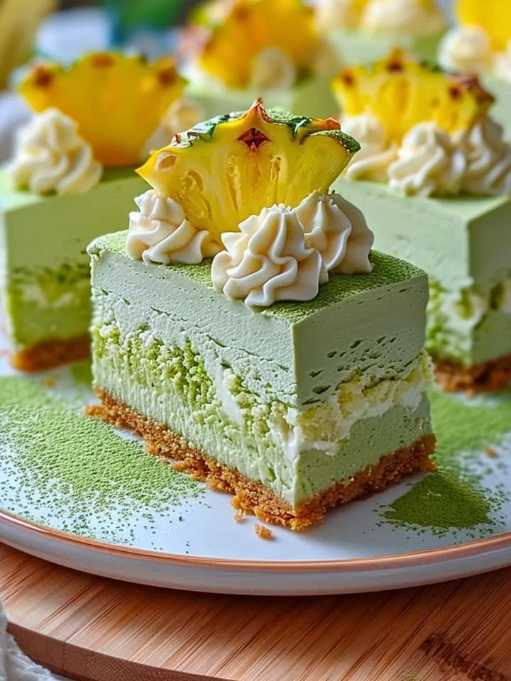 Pineapple and Coconut Dream Cake slice on a plate with tropical decorations