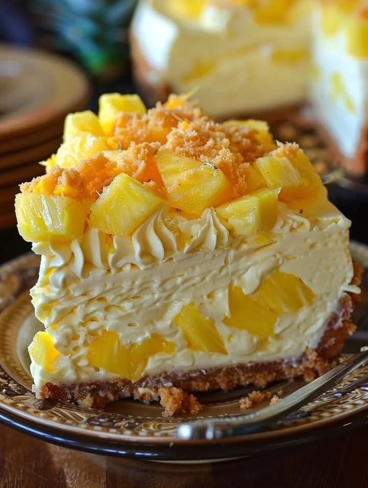 Slice of Pineapple Lime Heaven Cheesecake with tropical garnish