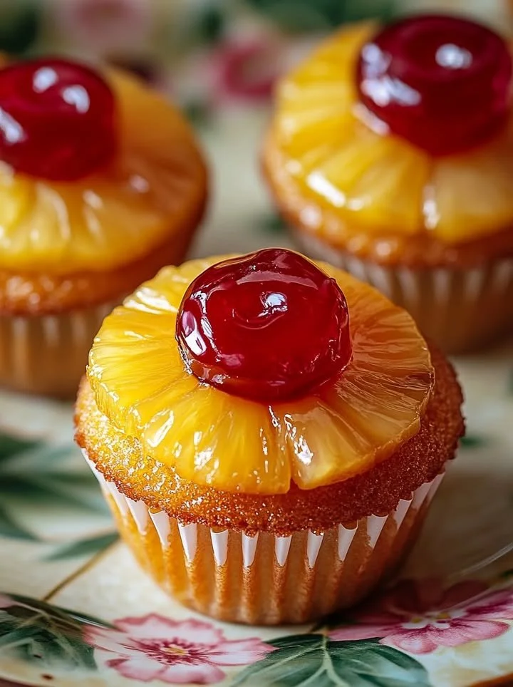 Pineapple upside down cupcakes with cherries and caramel topping