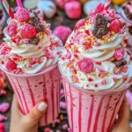 Delicious pink candy freakshake topped with candy and whipped cream