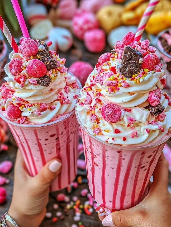 Delicious pink candy freakshake topped with candy and whipped cream