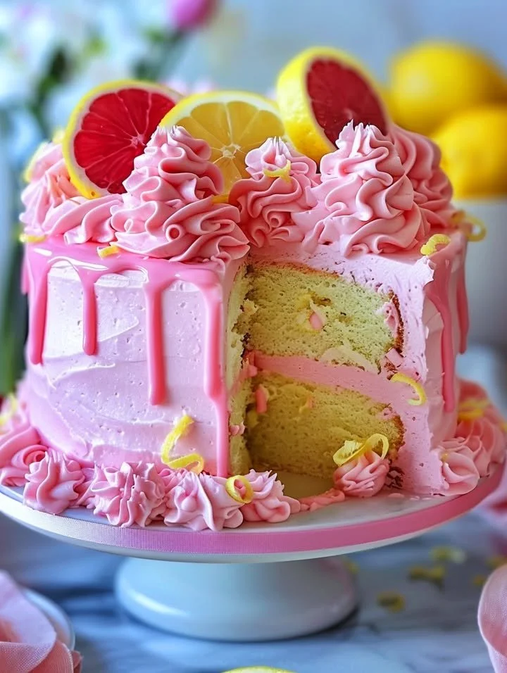 Delicious Pink Lemonade Cake with vibrant pink frosting and lemon garnishes