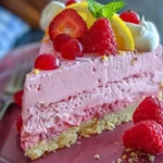 Slice of Pink Lemonade Cake adorned with fresh lemons and pink icing