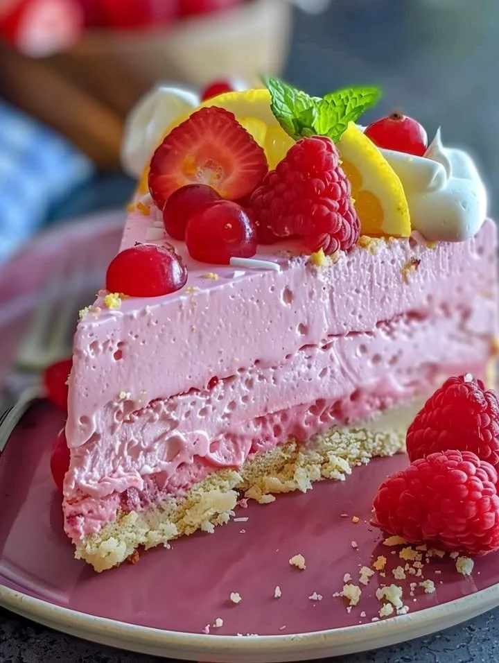 Slice of Pink Lemonade Cake adorned with fresh lemons and pink icing