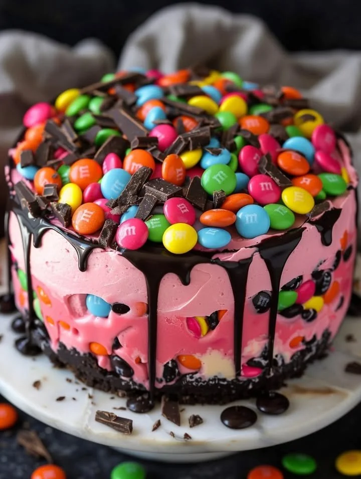 Pink Paradise No-Bake M&M Chocolate Cheesecake topped with colorful M&Ms.