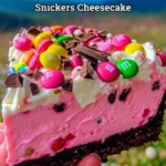 Pink Paradise No-Bake M&M Snickers Cheesecake topped with candy and chocolate