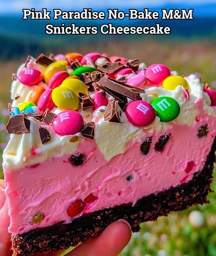 Pink Paradise No-Bake M&M Snickers Cheesecake topped with candy and chocolate
