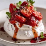 Sliced Pink Pepper Pavlova topped with roasted strawberry balsamic glaze.