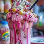 Pink Unicorn Freakshake with colorful toppings and whipped cream
