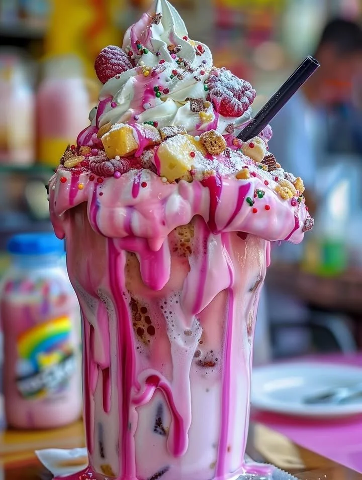 Pink Unicorn Freakshake with colorful toppings and whipped cream