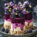 Pistachio blackberry cheesecake towers topped with fresh berries and nuts