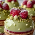 Pistachio and Raspberry Cheesecake Domes garnished with fresh raspberries