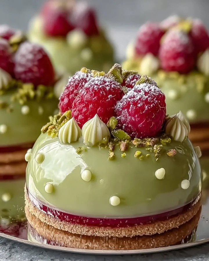 Pistachio and Raspberry Cheesecake Domes garnished with fresh raspberries