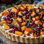 Pomegranate and butternut squash tart topped with ricotta cheese