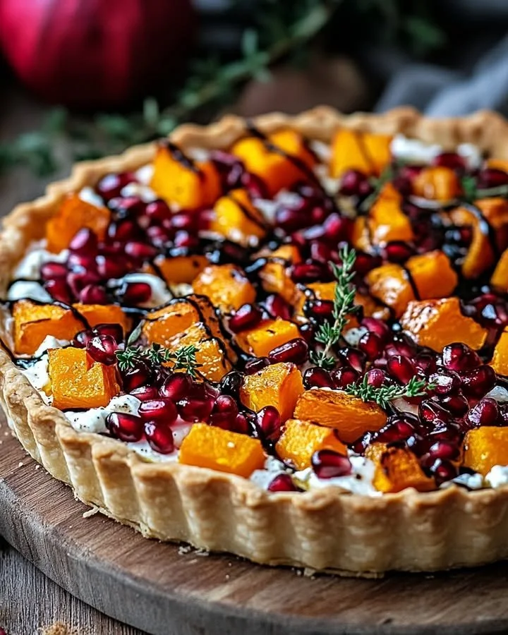 Pomegranate and butternut squash tart topped with ricotta cheese