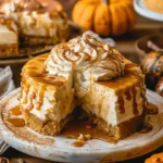 Delicious Pumpkin Caramel Cheesecake with caramel swirl topping