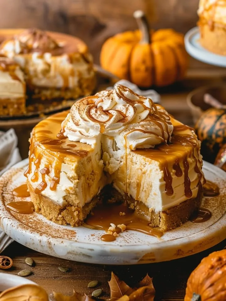 Delicious Pumpkin Caramel Cheesecake with caramel swirl topping