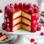Delicious Raspberry Almond Cake garnished with fresh raspberries and almonds