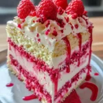 Delicious Raspberry Champagne Drip Cake with pink frosting and raspberry decor