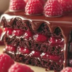 Raspberry chocolate ganache cake with chocolate shavings and fresh raspberries