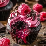 Raspberry Chocolate Lava Cupcakes with rich chocolate filling and fresh raspberries
