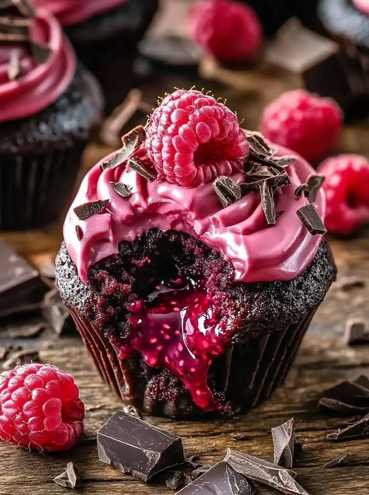 Raspberry Chocolate Lava Cupcakes with rich chocolate filling and fresh raspberries
