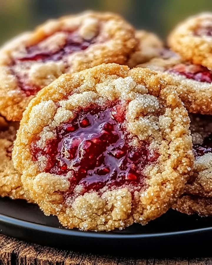 Freshly baked raspberry crumble cookies with a golden crust and vibrant red filling