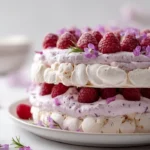 Raspberry-Lavender Cloud Dacquoise dessert with vibrant colors and elegant presentation.