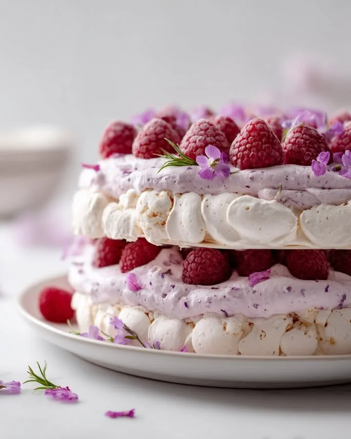 Raspberry-Lavender Cloud Dacquoise dessert with vibrant colors and elegant presentation.