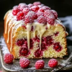 Raspberry Sauce Pound Cake with White Chocolate Drizzle on a plate