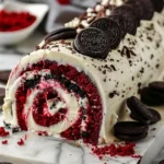 Red Velvet Oreo Cake Roll with cream filling and chocolate drizzle