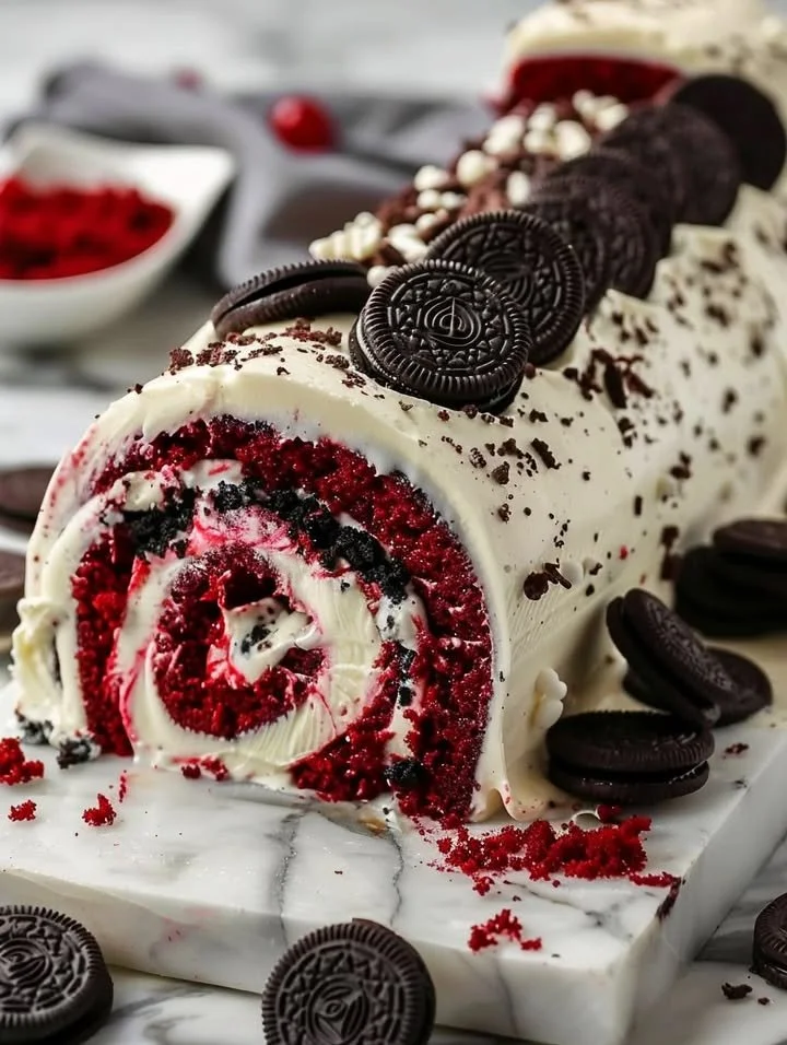 Red Velvet Oreo Cake Roll with cream filling and chocolate drizzle