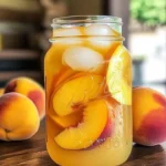 A refreshing glass of peach lemonade garnished with fresh peaches and lemon slices.