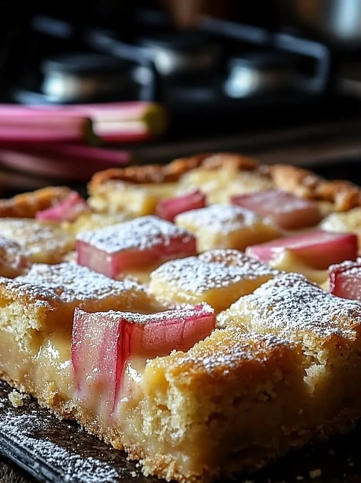 Delicious rhubarb custard bars with a golden crust and vibrant filling