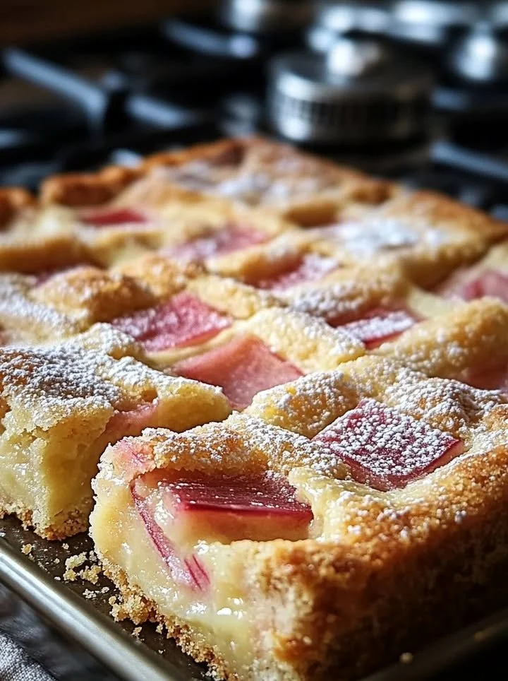 Delicious rhubarb custard bars served on a rustic wooden table