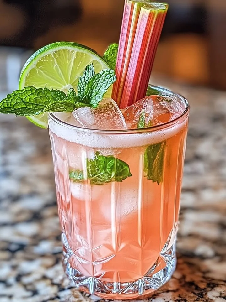 Refreshing Rhubarb Ginger Fizz cocktail with vibrant colors and garnishes.