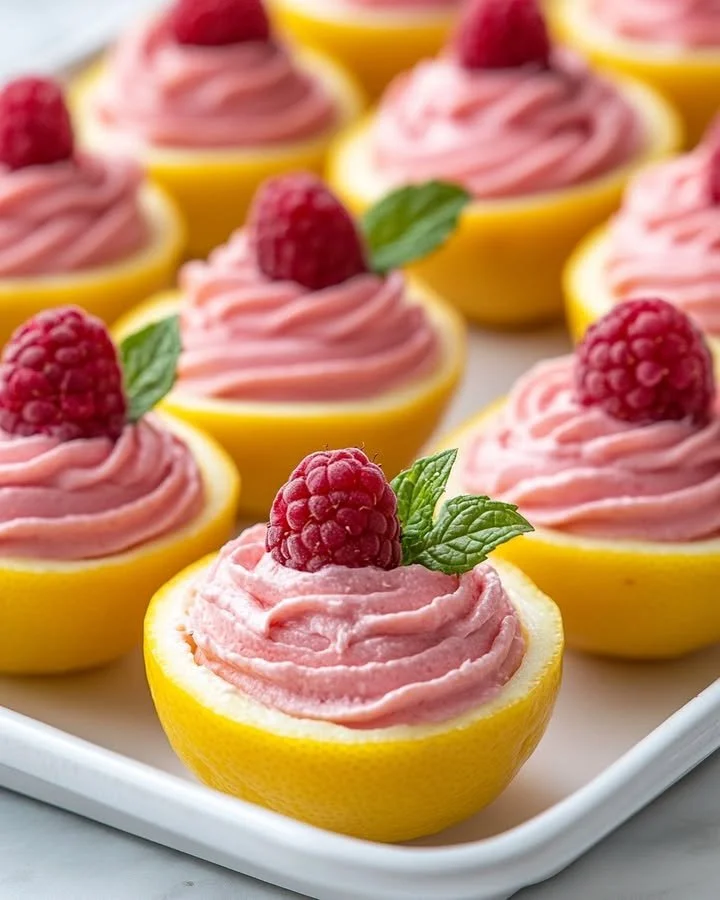 Ricotta raspberry mousse served in hollowed lemons for a refreshing dessert