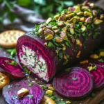Roasted Beet and Goat Cheese Log appetizer garnished with herbs