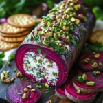 Roasted beet cheese log made with creamy goat cheese for a colorful appetizer.