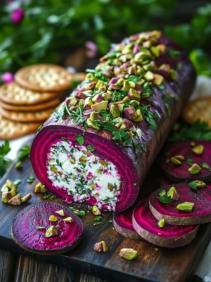 Roasted beet cheese log made with creamy goat cheese for a colorful appetizer.