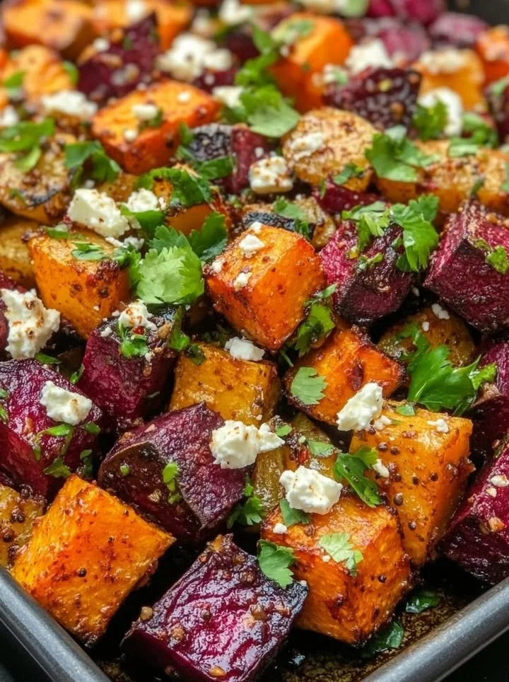 Roasted beets and sweet potatoes with feta and cilantro on a plate
