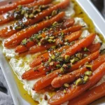 Roasted carrots with whipped ricotta and hot honey on a white plate
