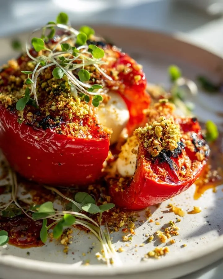 Roasted pepper burrata bombs with pistachio-chili crumble, a gourmet appetizer