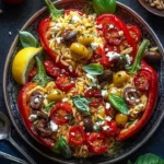 Roasted red bell peppers stuffed with orzo and topped with lemony basil