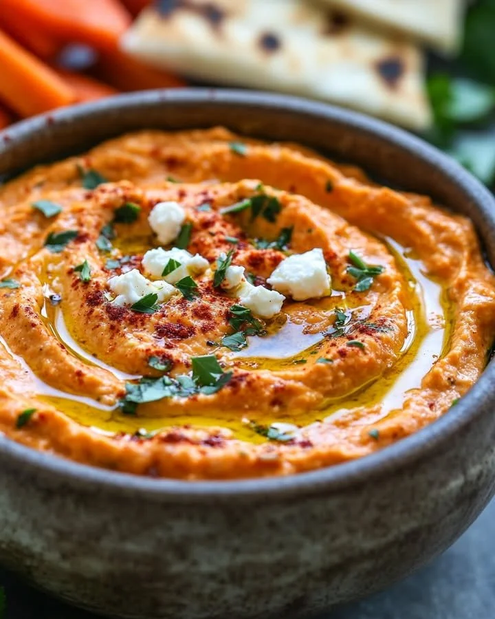 Delicious roasted red pepper feta dip served with pita chips
